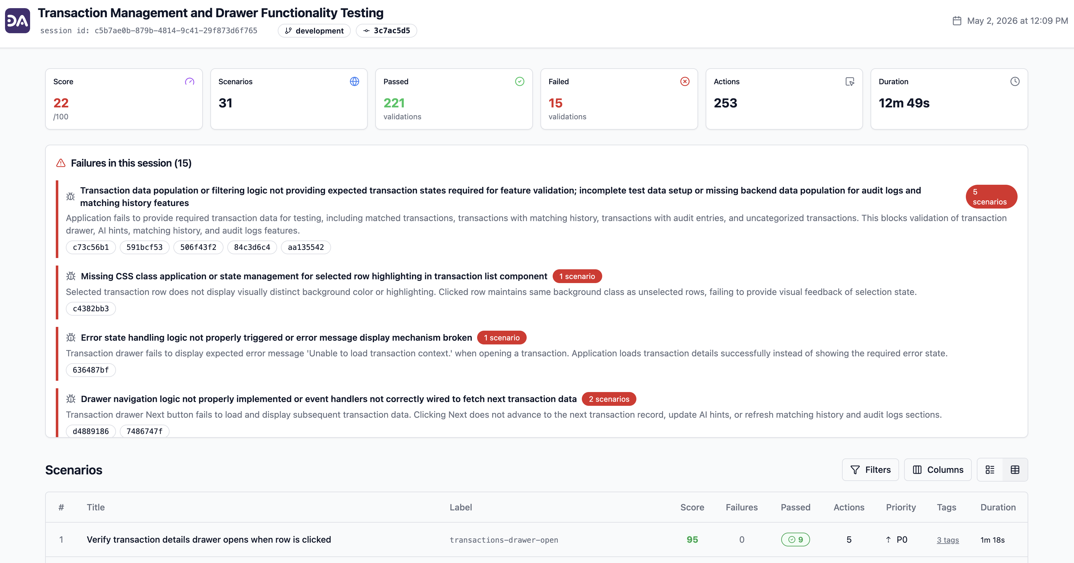 DevAssure O2 bug analysis report