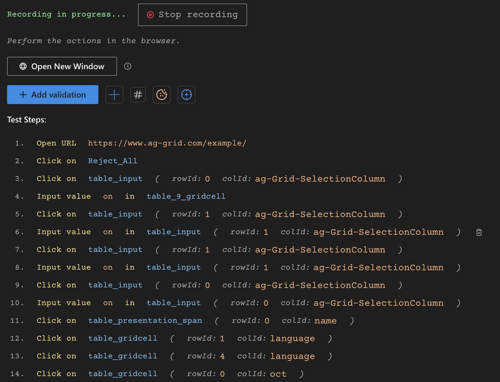 DevAssure&#39;s recorder for AG Grid