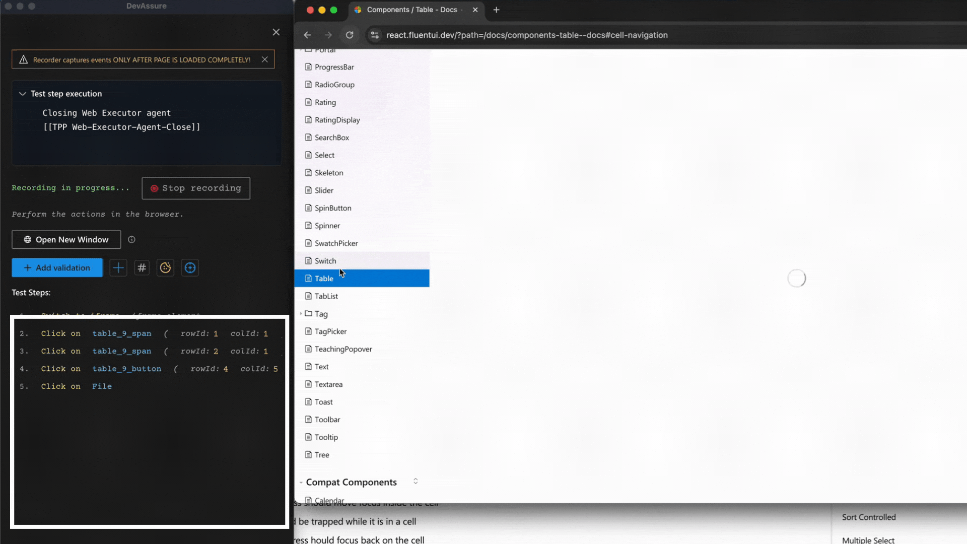 DevAssure&#39;s recorder for dynamic table components